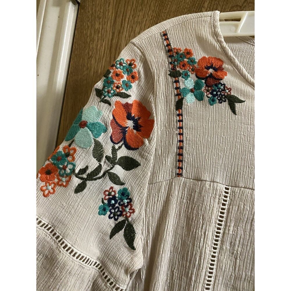 Gibson Latimer Sheer Ivory Womens S Boho Floral Embroidered Blouse Colorful - Picture 7 of 15
